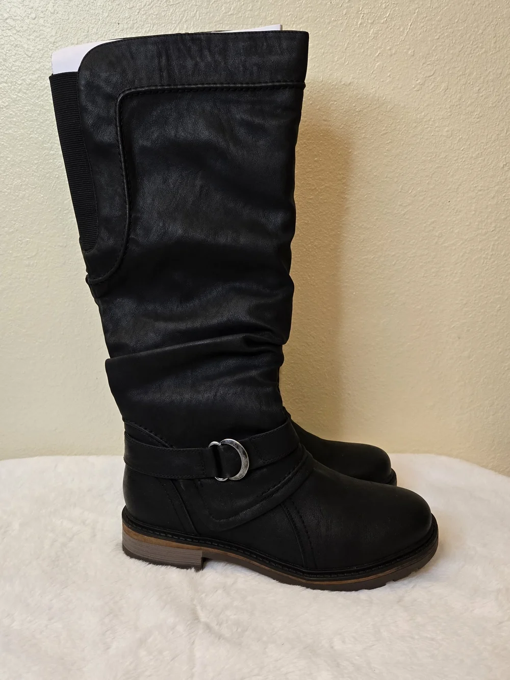 Wanderlust Fiona Women's Black Noir Slouch Boots with Buckle Accent NEW 10W